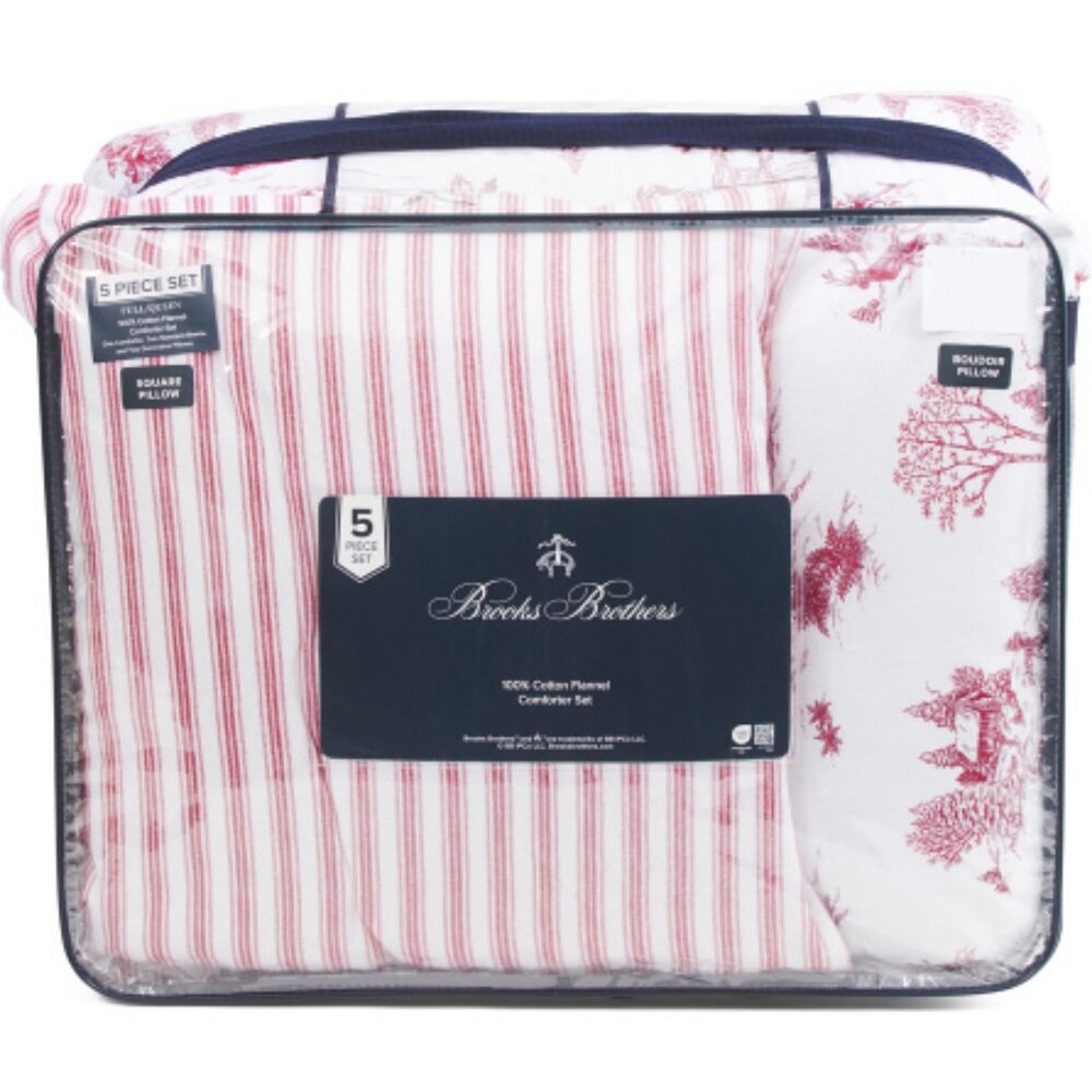 Brooks Brothers 5-Piece Reversible Stripe-To-Toile Comforter Set — F/Q